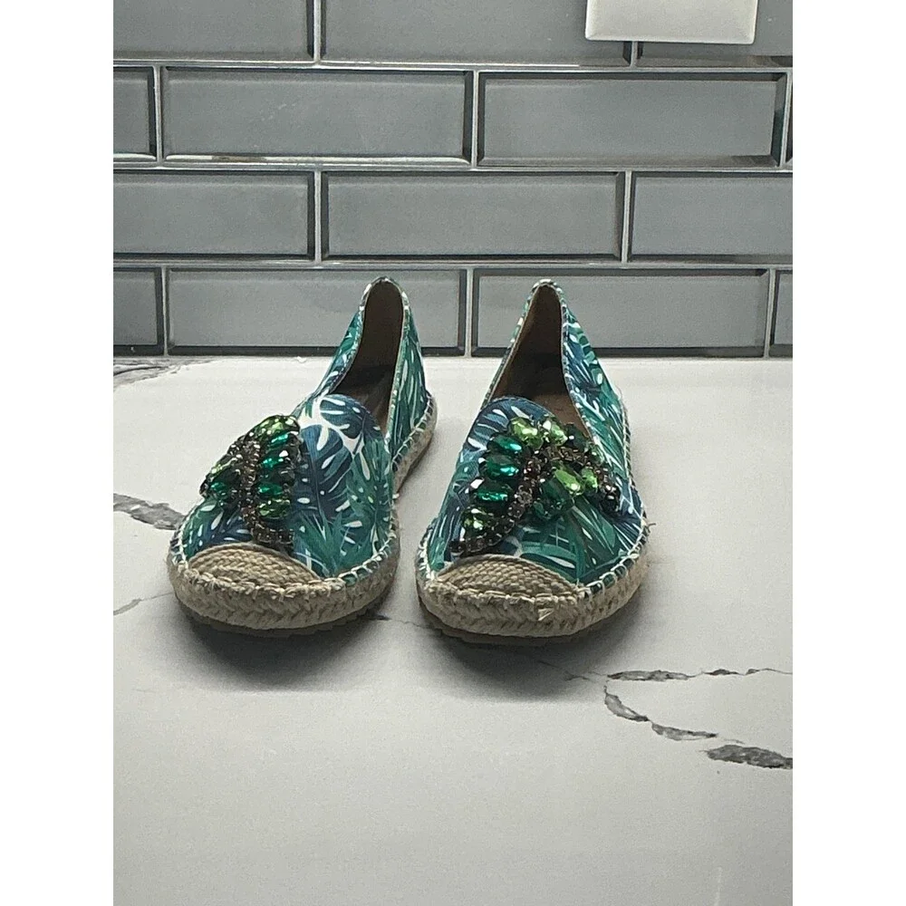 ESPI‎ Flats Espadrille Slides Green Multi Leaf Print Embellished Size 6